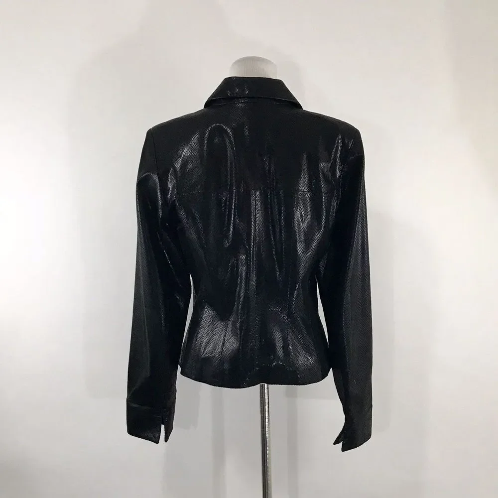 Cache Vintage Black Snakeskin Embossed Leather Jacket Womens 6 Button Front Coat